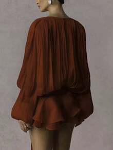 Women's Ruffle Mini Dress Long Lantern Sleeve Tie-Up Front Solid Color Pleated Dress Short Flowy Dress - Màu Đỏ Sâu - Xem 2