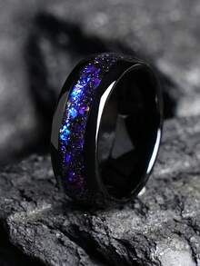 Starry Sky Series Nebula Space Black Tungsten Steel Ring 8mm Wide Band With Purple Synthetic Opal Inlay | Gunmetal Finish | Engagement & Anniversary Gift For Men | Durable And Stylish Wedding Accessory, Best For Christmas - Multicolor - View 13