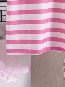 2pcs/Set Girls Casual Striped Bow Decor Short Sleeve Top And Shorts Set, Summer - Pink - View 7
