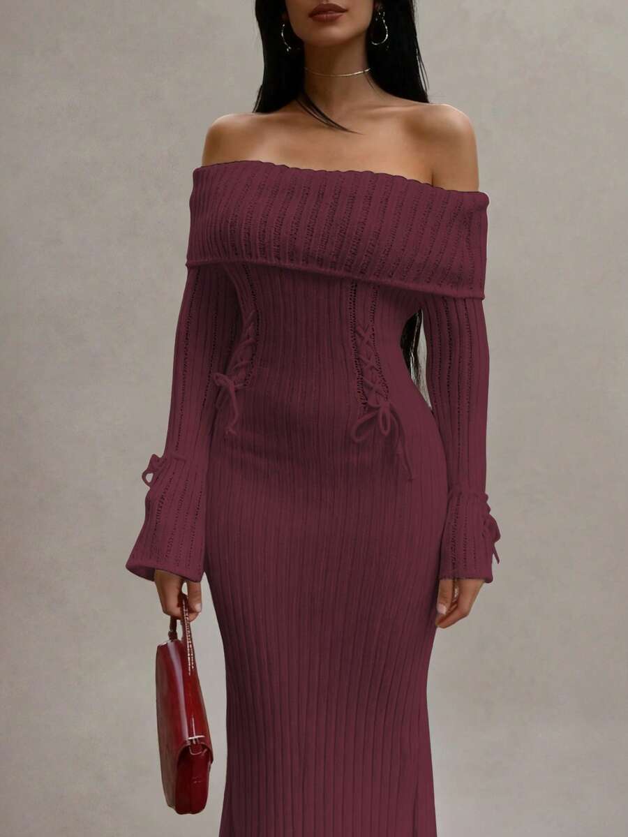 Đầm len nữ Marisole kiểu mới, lệch vai, thắt eo, tay dài, dáng xòe, nơ ở nách, chất liệu móc len, dáng ôm, thanh lịch, thời trang cao cấp, đơn giản, cá tính, thích hợp đi chơi đêm, dự tiệc, mùa thu và đông. - Màu Đỏ Sâu - Xem 1