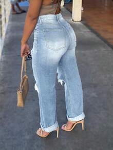 New Casual American Street Style Basic Ripped Loose Straight Leg Women Pants Spring - Light Wash - View 5