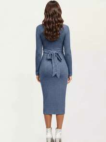 Maternity Solid Color Elegant Casual Ribbed Twist Knot Crossover Dress, Everyday Wear, Spring/Autumn - Blue - View 2