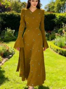 New Spring/Summer Elegant Women Satin Ditsy Floral Ruffle Sleeve Waisted Flowery Gentle Style Office/Casual Long Dress,Modest - Gold - View 2