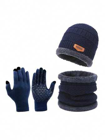 1-3pcs/Set Men's Winter Knitted Beanie Hat, Neck Warmer Scarf, Touch Screen Gloves Set, Double-Layer Thick Lining, Patterned Fabric With Faux Fur Pom Pom, Snowflake Design, Warm Outfit For Skiing, Travel, Cycling, Driving, Dating, Gift For Men, Daily Use