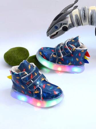 Zapatillas de alta moda con iluminación LED de dinosaurio, de cuero suave, adecuadas para niños y niñas - Casual, con amortiguación de impactos, antideslizante para todo el año, para correr y caminar al aire libre