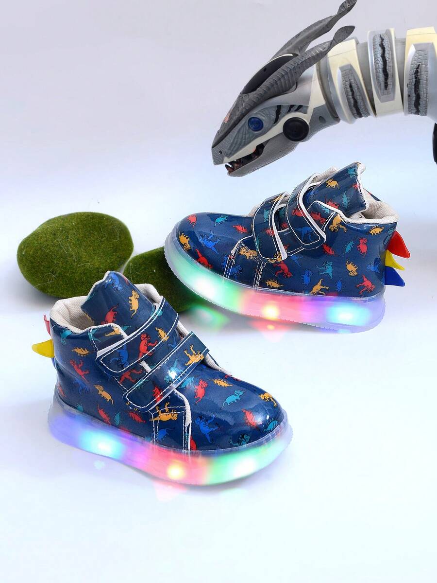 Fashionable Dinosaur LED Lighting Soft Leather High-Top Sneakers, Suitable For Boys And Girls - Casual, Shock-Absorbing, All-Season Anti-Slip Outdoor Running And Walking Shoes - 藍色 - 查看 1