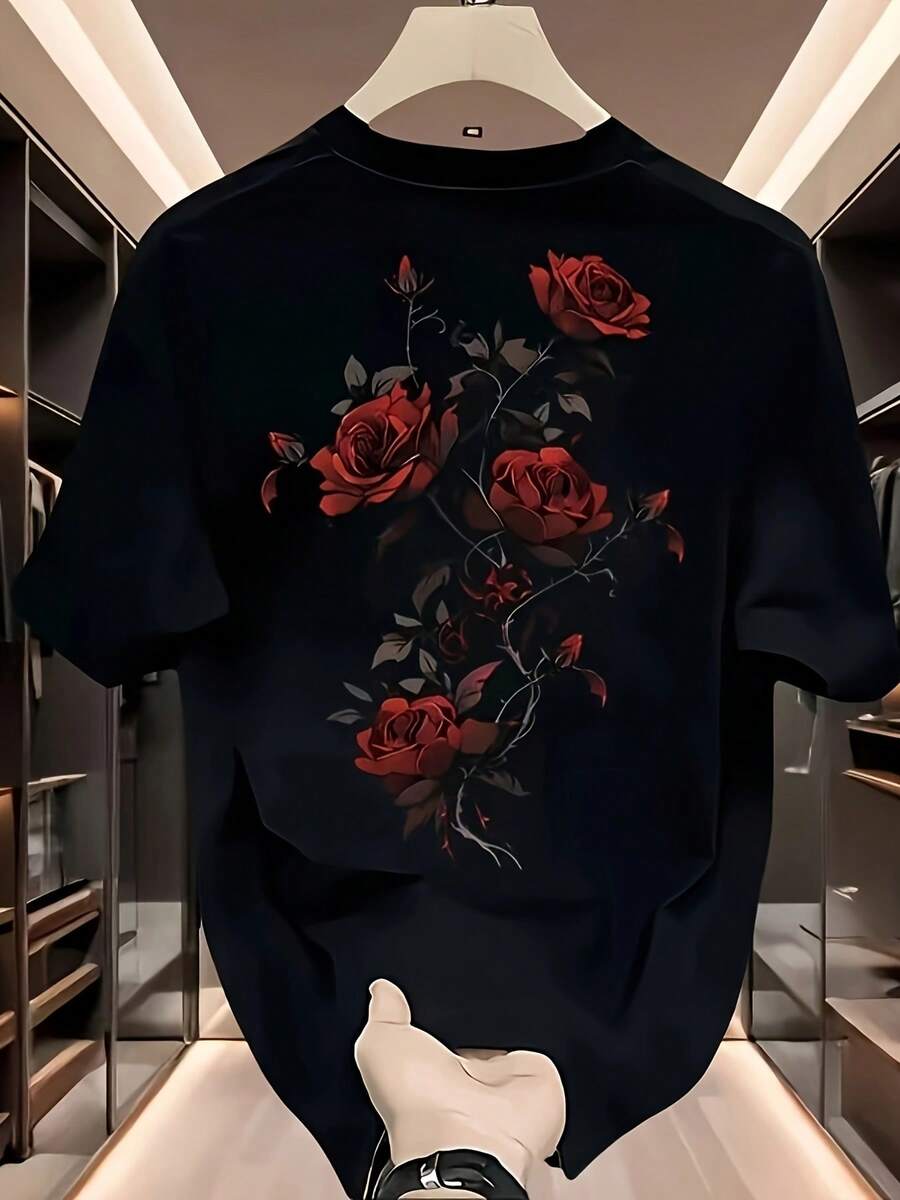 Camiseta de Manga Corta para Hombre con Estampado de Rosa Roja - Poliéster, Cuello Redondo Casual para Verano, Flor Roja para Ropa de Exterior y Casual, Lavable a Máquina, Ideal para el Verano - Negro - Ver 1