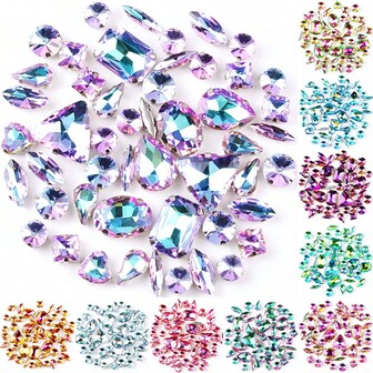 50 st/1-pack, silver och guld, regnbågsfärger, blandade former handsydda strassglas sömnad på dekorativa pärlor platt baksida metallbas med hål ädelsten glänsande bling kristall DIY-tillbehör nål och trådmaterial sy-på stenar strass-pärlor används för att dekorera kläder, klänningar, väskor, skor, broscher, örhängen, hantverk diy.