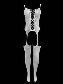 性感内衣套装，包括蕾丝透视网纱连体衣、紧身连体袜、吊袜带连体袜、丝袜连体袜（不含内裤），弹力诱人女士性感套装 - 白色 - 查看 5