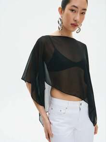 Women's One-Shoulder Sheer Mesh Poncho Asymmetrical Lightweight Shawl See Through Cover Up Top - màu đen - Xem 3