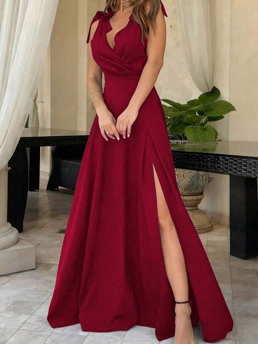 優雅性感高開衩綁結正式晚禮服,適合婚禮、春季派對與秋季場合 - 暗紅色 - 查看 1