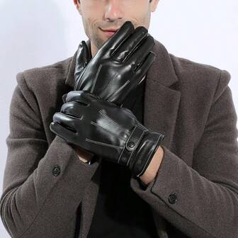 1 Pair Men's Winter Warm Leather Gloves - Black Leather Material, Knitted Cuff Design, Adjustable Strap For Snug Fit, Thermal Lining For Warmth, Simple Business Style, Suitable For Winter Daily Commute, Driving And More, Practical And Stylish Warm Gloves | Leather Warmth | Business Style