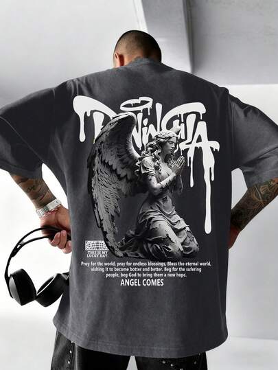 K-GLORY Men's Casual Versatile Minimalist Angel Sculpture Dark Portrait Print Short Sleeve T-Shirt