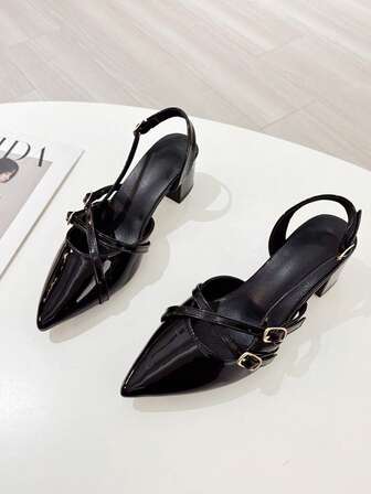 法式尖头粗跟后带漆皮闭趾高跟凉鞋，女款加大码 41-43