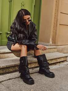 Insulated Slip-On Women's Boots On A Massive Platform With Pockets And Fold-Over Shaft Black Clarinda Winter Fashionable Stylish Black - Black - View 5