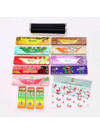 110毫米10种水果口味超大卷烟纸，每册33张，3册/50个彩色过滤嘴，110毫米透明卷烟机，使用方便，燃烧缓慢均匀，完美的节日礼物