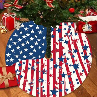 A Classic Patriotic Red Blue Star 48inch Christmas Tree Skirt, Polyester Holiday Family Decoration, Suitable For Holiday Parties And Outdoor Displays.