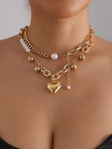 2 Pieces Of Exaggerated Heart-Shaped Layered Necklaces With Feminine Charm And A Stylish Su Necklace - Gold - View 2