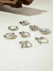 6pcs/8pcs Set Minimalist Chic Metal Geometric Open Band Rings, Unique Personalized Versatile Rings, Perfect Gift For Daily, Casual, Date, Shopping - Multicolor - View 5