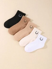 5pairs Kids Solid Color Smile Face Cartoon Elastic Casual Crew Socks - Multicolor - View 9