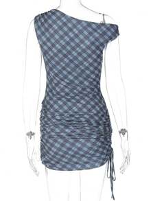 Y2K New Year Sexy Off-The-Shoulder Drawstring And Form-Hugging Plaid Dress For Women ,Valentine's Day