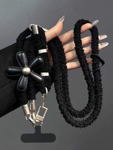 1条花卉毛绒手机挂绳，可调节斜挎蓬松花朵手机带，优雅奢华手机壳链，秋冬蜜蜂相机肩带