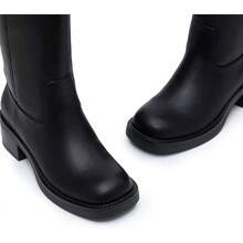 Botas altas hasta la rodilla de mujer con punta cuadrada y tacón grueso, tacón bajo, moda 2025 - Negro - Ver 6