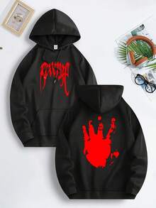 Gothic "REVENGE" Blood Lettering Hooded Sweatshirt - Full-Body Print Loose Fit Streetwear Sweater Dark Hip-Hop Outfit For Spring/Autumn (Black/Palm Print Design) Essentials Hoodie Hoodie For Women Sweatshirts For Women Hoodies For Men 's Hoodie Sweatshirts For Men Essentials - 黑色 - 查看 6