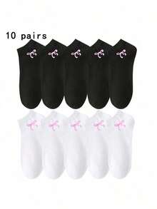 5Pairs Unisex Comfortable Versatile Solid Color Black/White/Gray Bowknot Ankle Socks - Multicolor - View 3