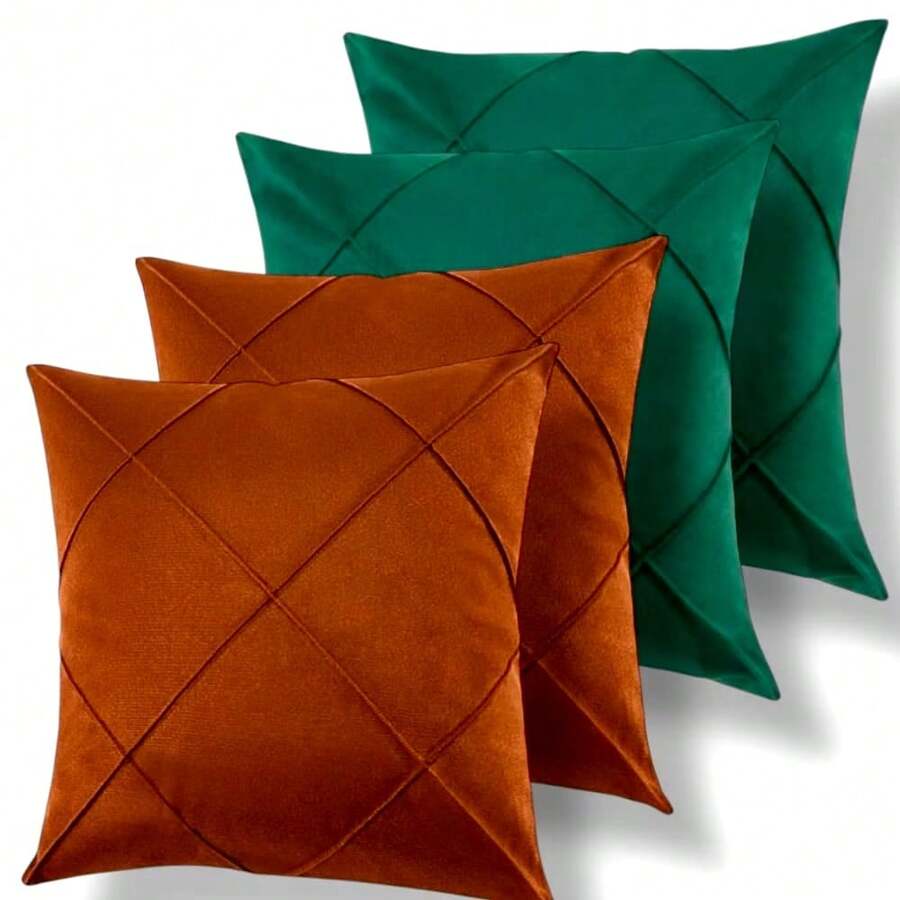 Set Of 4 And 2 Draped Suede Cushion Covers 44x44cm Decoration - Terracotta/Green - View 1