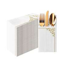 PAW - Linen Feel Napkins With Built-In Flatware Pocket, Soft And Absorbent Paper Pre-Folded Napkins With Gold Frame, Elegant Guest Towels, Wedding Party, Dinner, Birthday, Gatherings, 50 Count,Flatwpkins,ElegantFrameGold - 優雅的金色相框 - 查看 1