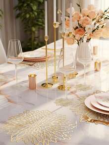 10pcs Gold Flower Pattern 15-Inch Round Placemats, 3.94-Inch Round Hollow Flower Coasters, Washable, Easy To Clean, Wipe-Clean, Non-Slip, Heat-Resistant, Suitable For Room Decor, Dining Table Decor, Home Decor, Holidays, Parties, Birthdays, Weddings And Dinners. - Multicolor - View 10