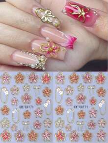 5D Gold Line Hibiscus Flower Nail Sticker Embossed Metallic Asymmetrical Square Frame Pink Red Floral Petals Bowknot DIY Spring Summer Elegant Y2K Style Self-Adhesive Gel Polish Decal Sliders Holographic Nail Art Decoration Home Salon Nail Supplies Nails Nail Stickers - Multicolor - View 2