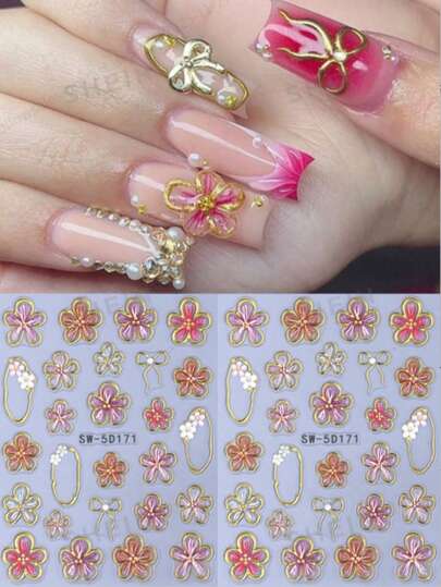 Pegatinas para uñas 5D con líneas doradas, flores de hibisco en relieve, marco cuadrado asimétrico metálico, pétalos florales rosa y rojo, lazo, estilo elegante Y2K, autoadhesivas, para decoración de uñas, suministros de salón de uñas