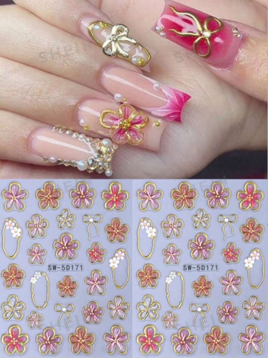 Hình dán móng tay hoa dâm bụt 5D viền vàng, dập nổi kim loại, khung vuông bất đối xứng, cánh hoa màu hồng đỏ, nơ, tự làm móng mùa xuân hè, thanh lịch, phong cách Y2K, decal dán móng gel tự dính, hình dán hologram, trang trí móng tay tại nhà và salon, dụng cụ làm móng, hình dán móng tay. - Nhiều màu - Xem 1