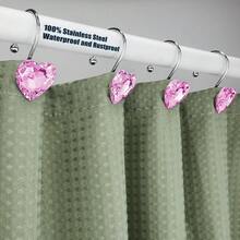 Shower Curtain Hooks Rings For Bathroom, 12PCS Valentines Day Heart Stainless Steel Rust Resistant Decorative Rhinestones Shower Curtain Rings Hangers For Shower Curtains, Clothing, Etc.,SingleHookPink - 單鉤粉紅色 - 查看 5