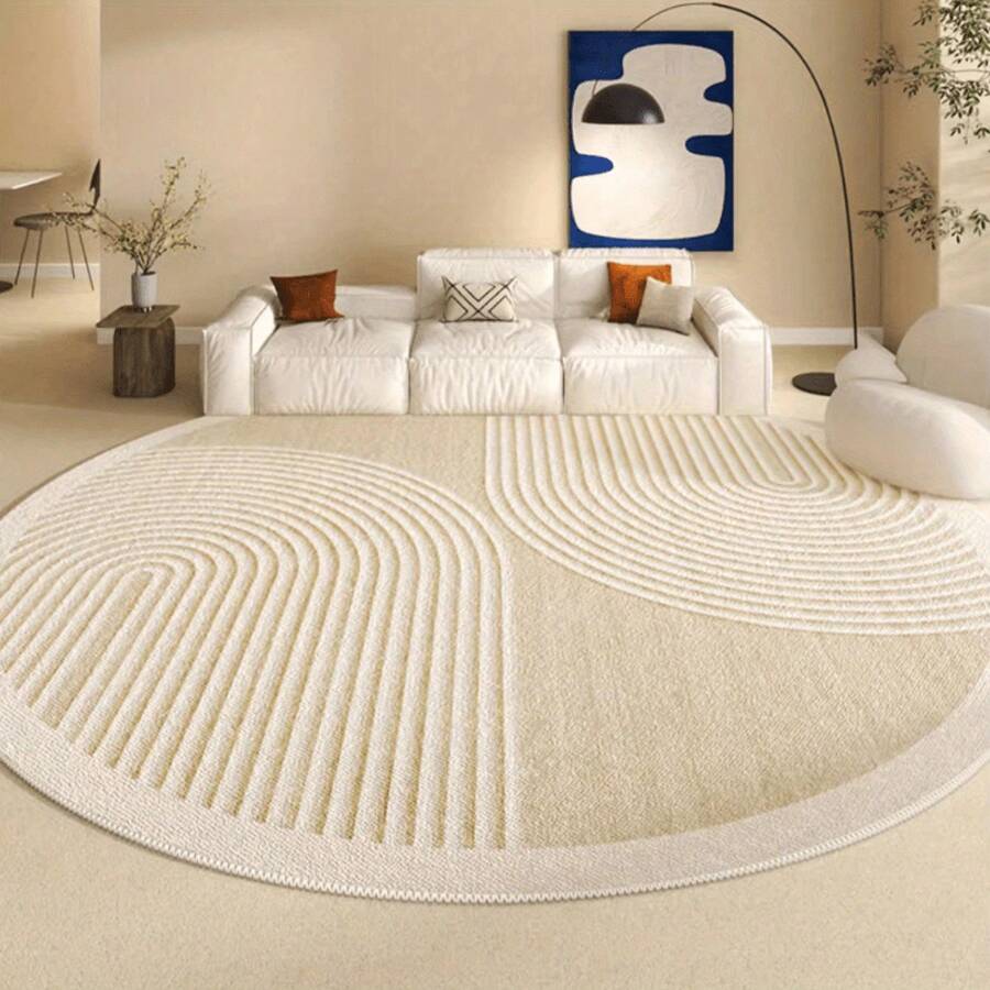 1 Luxury Large Round Mat - French Cream Beige Soft Plush Mat, Beige And White Modern Minimalist Design, Machine Washable Mat With Vinyl Backing, Beige Cream Mat Suitable For Living Room, Bedroom, Lounge - Available In Extra Large Size, Elegant Round Mat Suitable For Large Spaces, Extra Large Living Room Mat, Extra Large Living Room Carpet, Thick Floor Mat, Dining Table Mat, Large Area Carpet - 款式2 - 查看 1