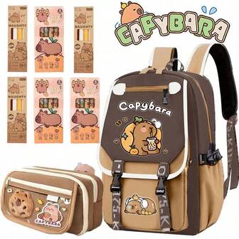 Capybara Large Backpack Set, Cute School Bag Light Comfortable, Suitable For Lower Grade Students, Large Capacity Backpack For Reducing Load And Protecting Spine, School Supplies Stationery For Friends And Students Back To School Season Black Ink Pens And Pencil Case Large-Capacity Multi-Layer Pencil Case, Back To School Supplie Essentials Office Supplies Valentine's Day Gifts