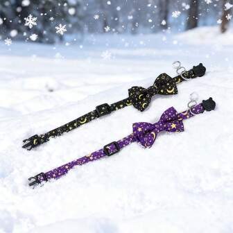 1件装可调节猫项圈，带铃铛 - 彩色卡通星月图案，耐用涤纶材质，安全舒适，适合幼猫幼犬，可爱宠物项圈