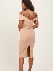Maternity Solid Color Elegant Modest Casual Knit V-Neck Dress, Suitable For Evening Dates In Spring And Autumn - Apricot - View 3
