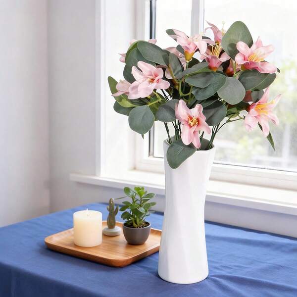 باقة زهور الزنبق الاصطناعية، زهور الزنبق الوردية والبيضاء والحمراء مع أوراق الأوكالبتوس للديكور، ترتيب زهور للمنزل وغرفة المعيشة، وسط طاولة الزفاف، ديكور زهور اصطناعية بطراز إسكندنافي