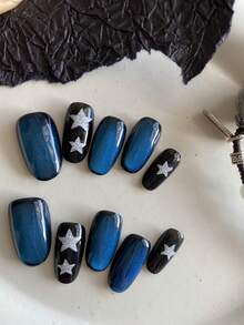 10 pièces Ongles acryliques à clipser Ongles bleus Ongles noirs d'œil de chat Étoile Fournitures d'ongles à clipser Faux ongles courts Kit d'ongles artificiels comprenant 1 feuille d'onglets adhésifs et 1 lime mini - Multicolore - Voir 2