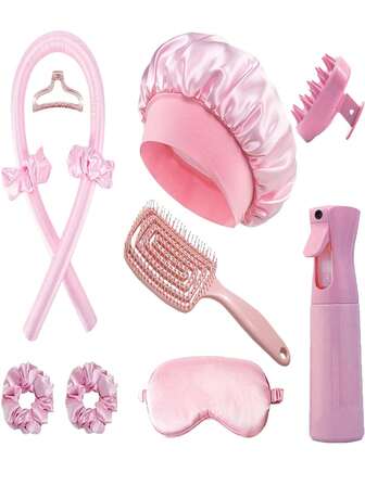 11件套美发造型梳套装，包括宽齿梳、气垫梳、按摩梳、解结梳、提拉梳、尖尾梳、硅胶头皮按摩洗发梳（适用于淋浴）、喷雾瓶、卷发棒、发圈