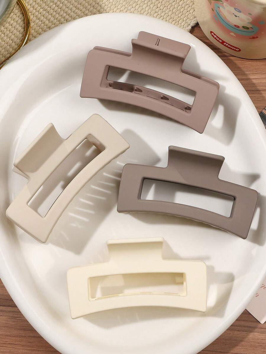 4个ABS材质简约甜美哑光浅卡其色镂空方形发爪，多功能发饰，适合茶会、秋冬季女士发饰，时尚发夹，优雅发饰，休闲发夹，沙滩发夹 - 4件套-方形 - 查看 1