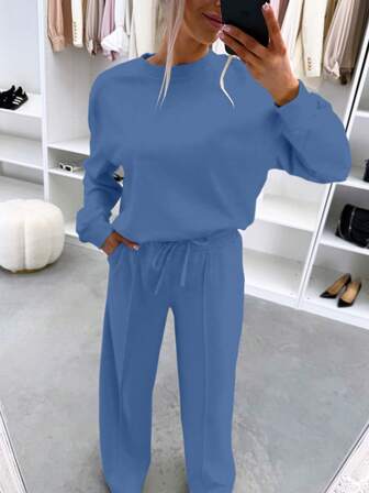 2 piezas Conjunto de ropa de estar en casa casual para mujer - Blusa de cuello redondo de manga larga + Pantalones plisados de pierna ancha con cintura elástica