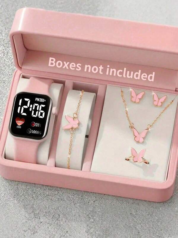 6/1 pieza Reloj digital con pantalla LED con forma de corazón, lindo y elegante, adecuado para que las niñas lo usen, equipado con pulsera de joyería con mariposa, collar colgante, anillo y un par de aretes, adecuado para estudiantes, muy adecuado para la vida diaria como la escuela, fiestas y viajes, regalos de cumpleaños, temporada de graduación, San Valentín, Navidad, regalos perfectos para niñas
