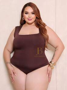 Women's Plus Size Short Sleeve Tank Top Bodysuit, Summer Style, Square Neckline With Closure - Rust Brown - View 7