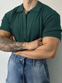 Men's Casual Solid Color Short Sleeve Button-Up Shirt, Fashion And Versatile For Daily Wear, Spring - Dark Green - View 4