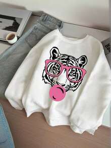 1Pcs Women's Autumn Tiger Pattern Round Neck Sweatshirt Casual Loose Festive Crewneck Cotton Cozy Womens Winter Graphic Christmas New Year Gift Tops - 白色 - 查看 1
