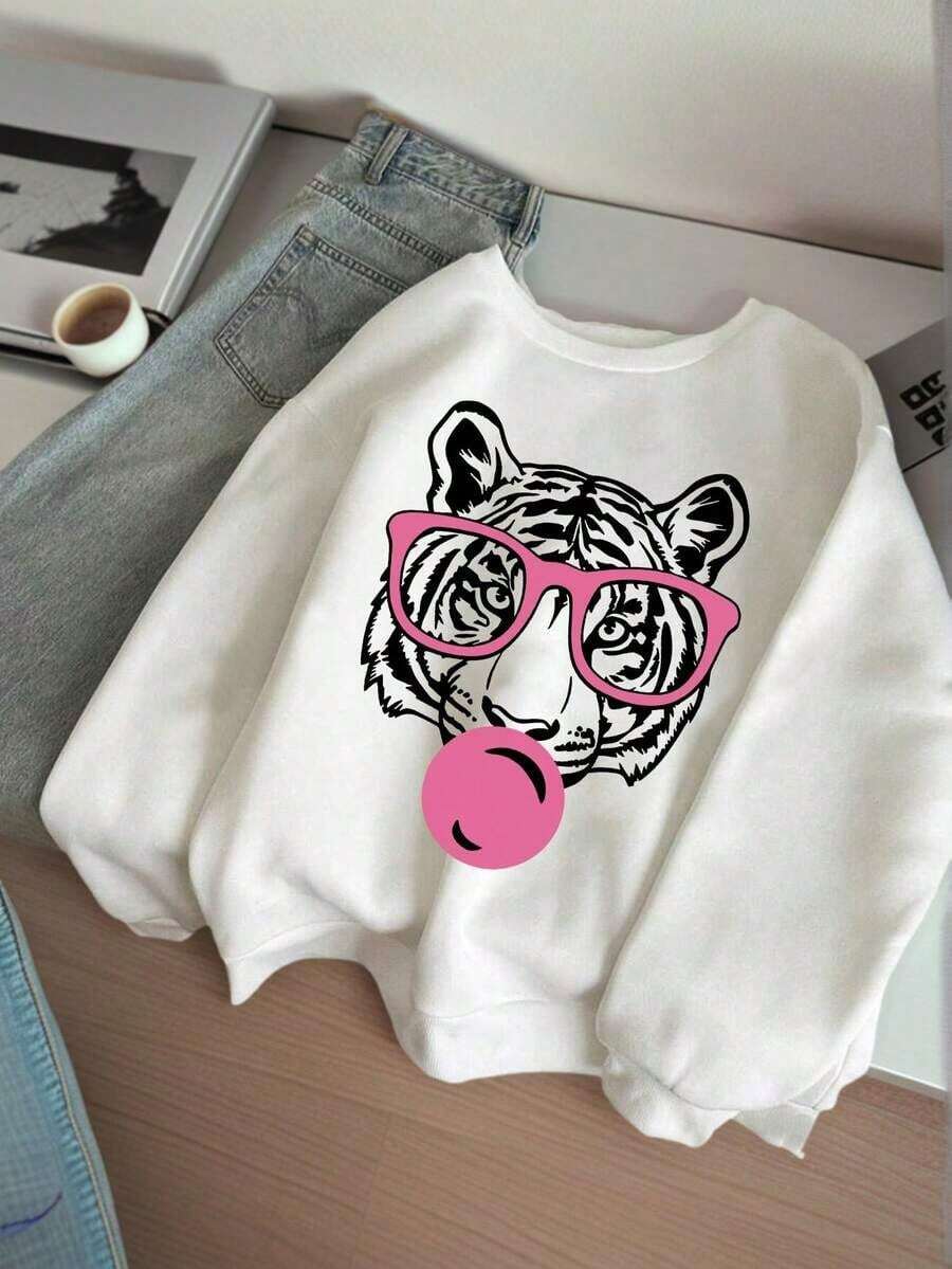 1Pcs Women's Autumn Tiger Pattern Round Neck Sweatshirt Casual Loose Festive Crewneck Cotton Cozy Womens Winter Graphic Christmas New Year Gift Tops - 白色 - 查看 1